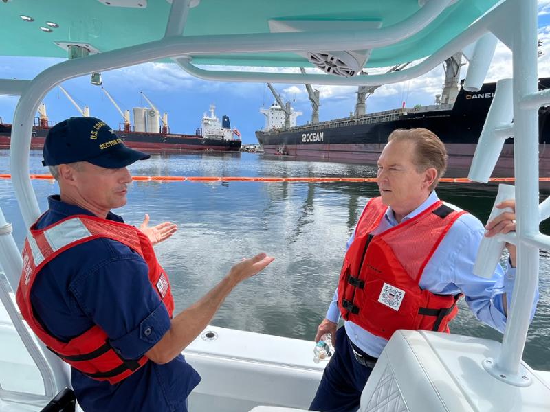 Buchanan Tours Port Manatee, Demands Accountability Following Spill of Oil