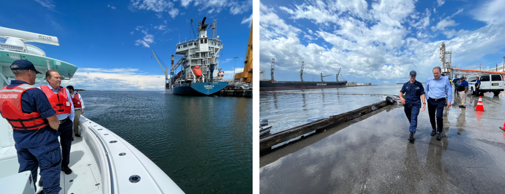 two images of Buchanan standing by U.S. coast guards